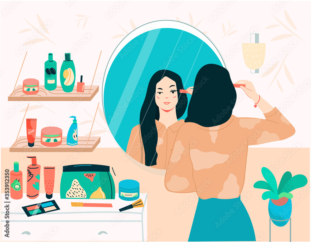 Cute Young woman standing in front of mirror, applies makeup on your face. Face and body care concept flat vector illustration in modern style. Flat cartoon vector illustration.