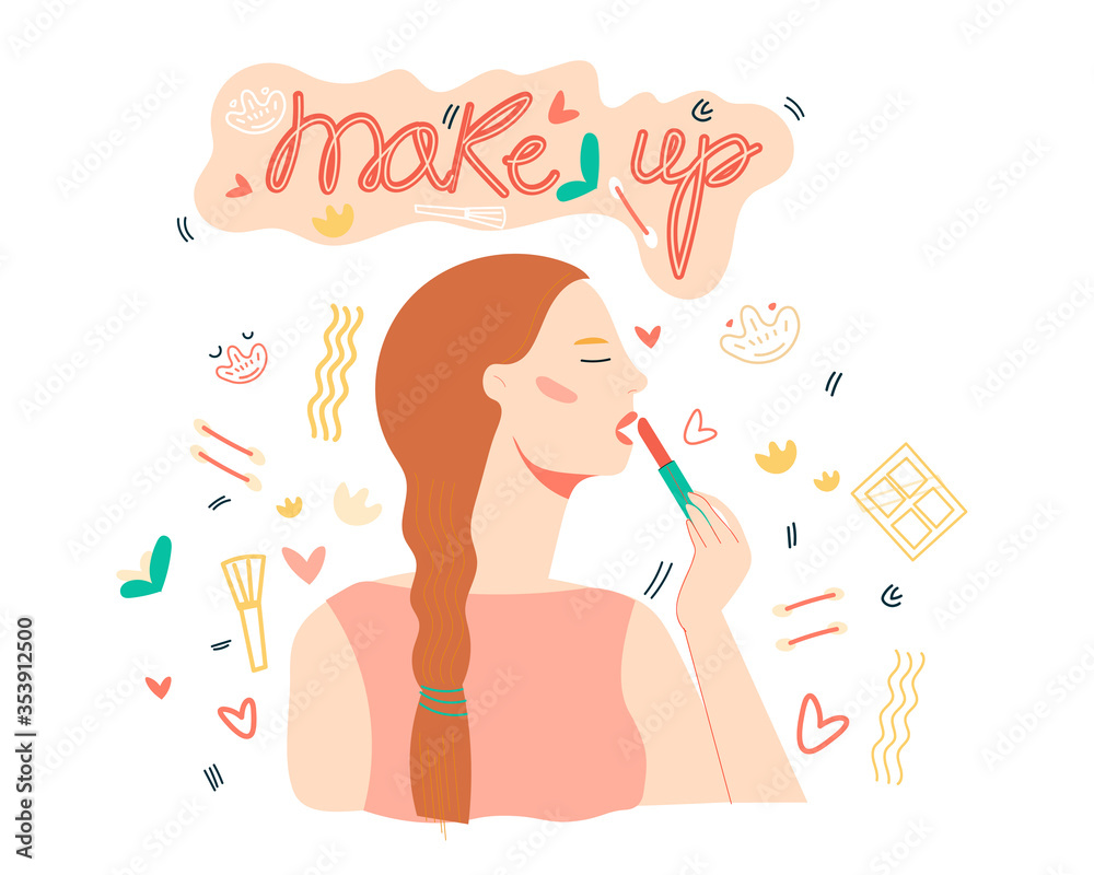 Cute young woman wears lipstick. Funny flat vector illustration with doodle elements and lettering in trendy style. Everyday personal care concept. Cute young woman wears lipstick. Funny flat vector illustration with doodle elements and lettering in trendy style. Everyday personal care concept.