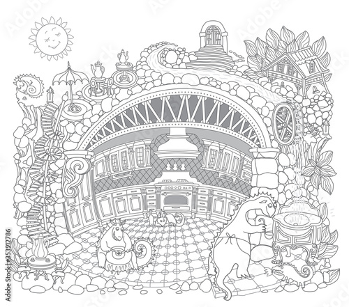 Vector contour thin line illustration. Fairy tale underground Dragon beast family apartment in the old medieval cave Kitchen. Black and white sketch. Adults coloring book page, tee shirt print