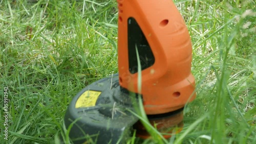 Modern electric orange trimmer with black detail mows green grass. Close-up.