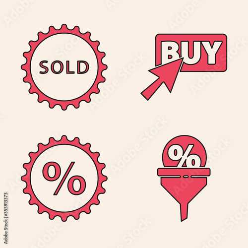 Set Lead management, Sold label, Buy button and Discount percent tag icon. Vector.