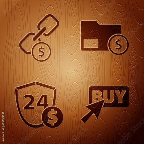 Set Buy button, Chain link and coin, Shield with dollar and Envelope with coin dollar on wooden background. Vector.