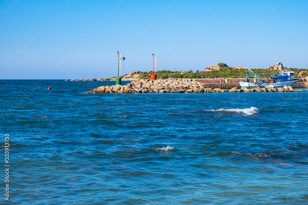 Marinella, Sardinia, Italy - Panoramic view of Golfo di Marinella beach and seaside in Porto Marana resort at the Costa Smeralda Emerald Coast of Tyrrhenian Sea