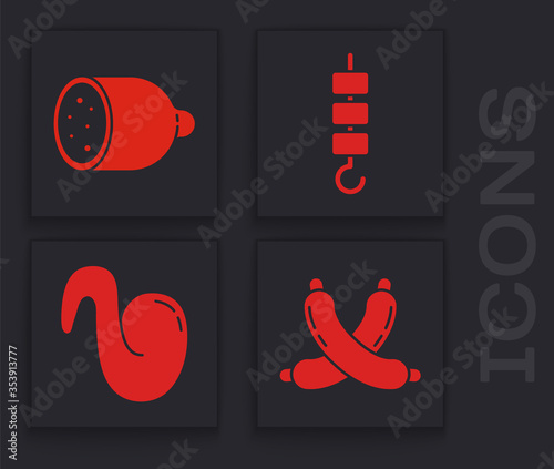 Set Crossed sausage, Salami sausage, Grilled shish kebab on skewer stick and Fried chicken wing icon. Vector.