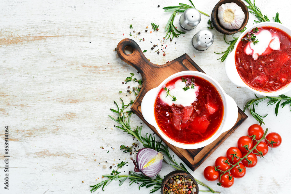 Borsch.Sup of beet and vegetables. Ukrainian traditional food. Top view. Free space for your text. Borsch.Sup of beet and vegetables. Ukrainian traditional food. Top view. Free space for your text.