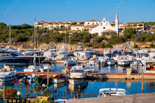 Fototapeta Naklejka Na Ścianę i Meble -  Marinella, Sardinia, Italy - Panoramic view of Golfo di Marinella port and marina quarter - Porto Marana - at the Emerald Coast of Tyrrhenian Sea
