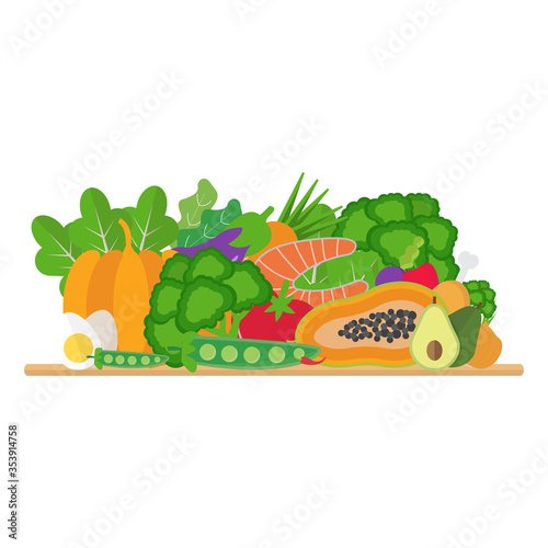 Healthy food with vegetables fruits and meat. Vector illustration.