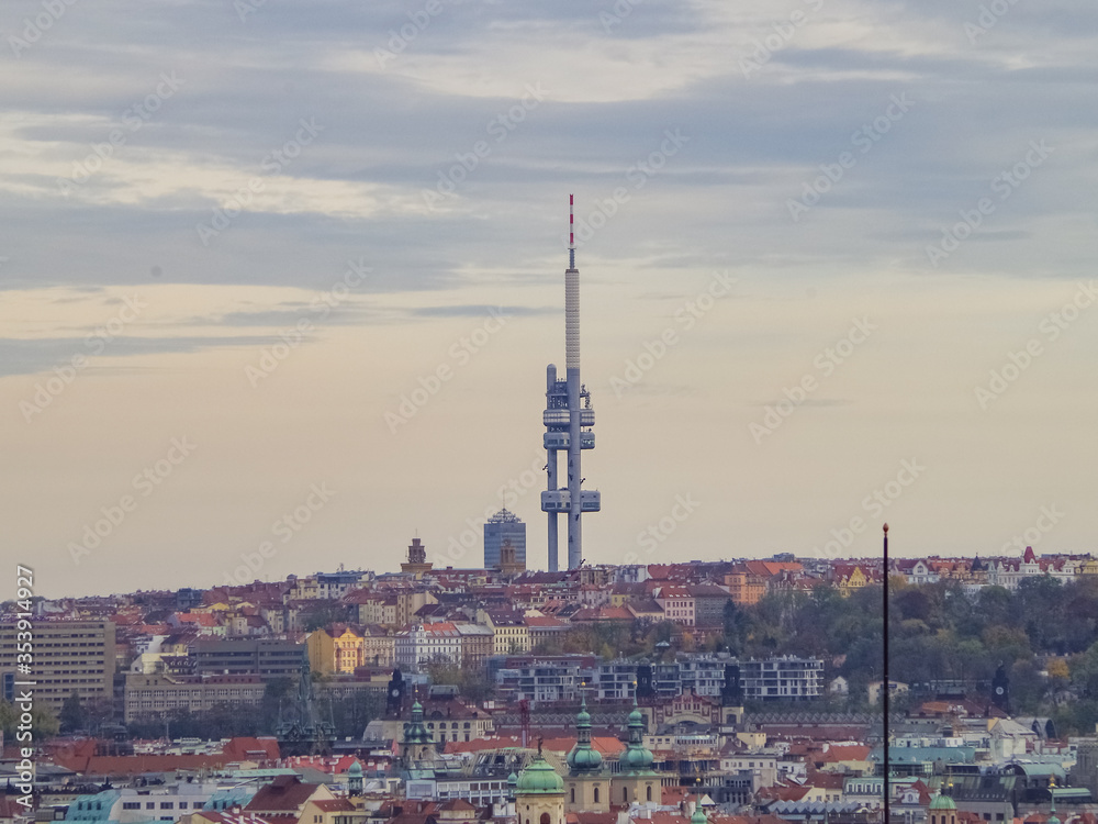 Zizkov Televison Tower in Prague, as seen from the Petrin Tower