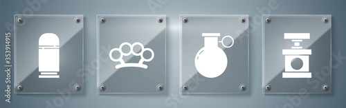 Set Handle detonator for dynamite, Hand grenade, Brass knuckles and Cartridges. Square glass panels. Vector.