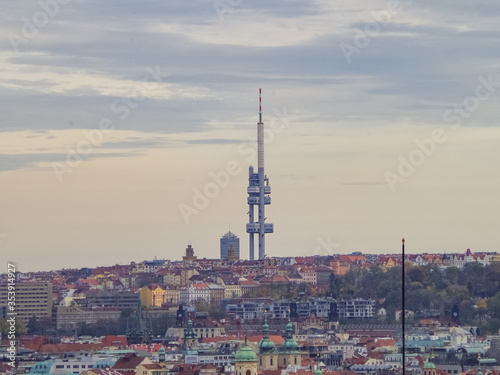 Zizkov Televison Tower in Prague  as seen from the Petrin Tower