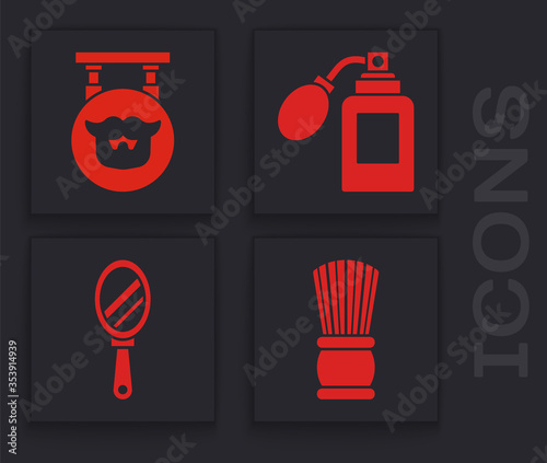 Set Shaving brush, Barbershop, Aftershave bottle with atomizer and Hand mirror icon. Vector.