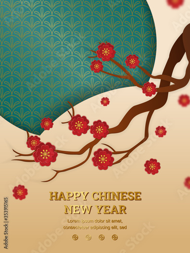 Happy chinese new year: Chinese plum tree branch  with paper cut art and craft style on green and yellow background. Vector Illustration for greeting card, flyer, banner, web, and many purpose