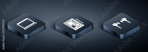 Set Isometric Laptop, Air headphones and Graphic tablet icon. Vector.