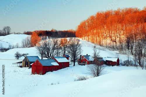 A snowy begining of the day on a New England Farm photo
