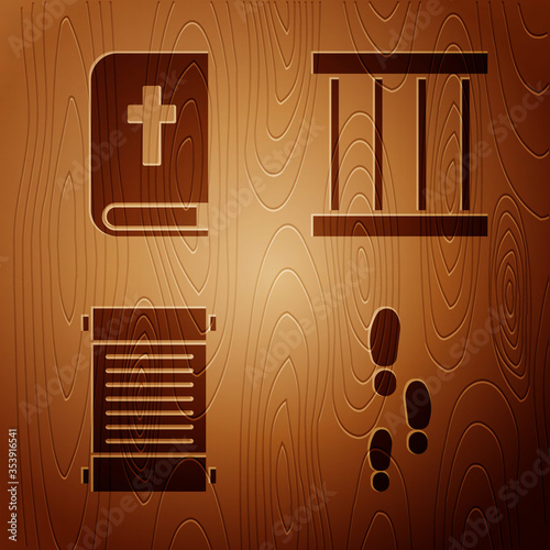 Set Footsteps, Holy bible book, Decree, paper, parchment, scroll and Prison window on wooden background. Vector.