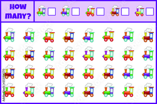 Educational mathematical game. Count the number of trains. Count how many trains. Counting game for children.
