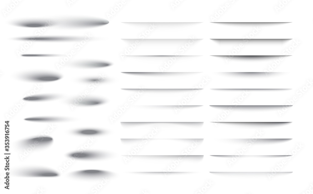 Set of transparent shadow with soft edges. Realistic shadow effect isolated on transparent background different shapes, page separation. Vector illustration Set of transparent shadow with soft edges. Realistic shadow effect isolated on transparent background different shapes, page separation. Vector illustration