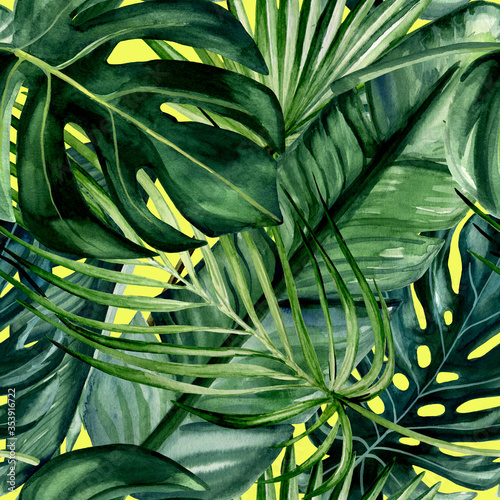 Watercolor hand painted seamless pattern with green tropical leaves of monste...