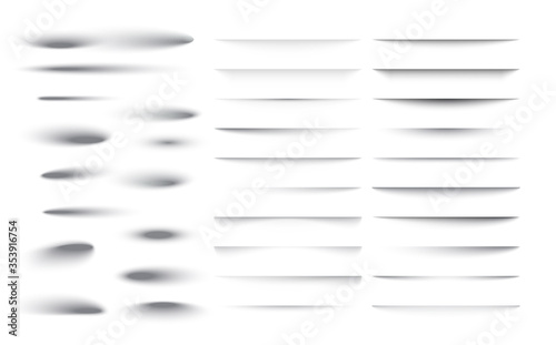 Set of transparent shadow with soft edges. Realistic shadow effect isolated on transparent background different shapes, page separation. Vector illustration