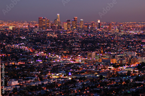 Downtown Los Angeles and Hollywood glows at sunset