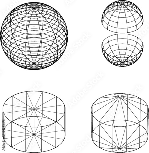 set of 3c vector wireframe illustrations sphere cylinder