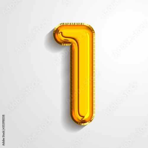 Gold metallic helium alphabet balloon foil number 1 one realistic 3d render air balloon. Collection of golden balloon number set Vector illustration.