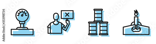 Set line Barrel oil, Gauge scale, Nature saving protest and Oil rig with fire icon. Vector.