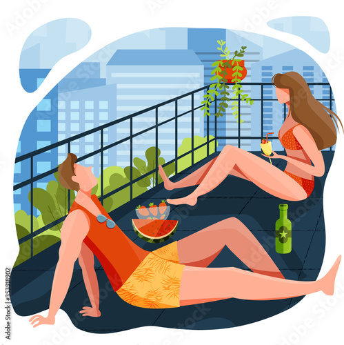 Couple enjoying summer season from balcony of apartment/ hotel room. Fun sunbathe activity indoor. Stay home during hot and heat summer. Spend summer at home. Summer concept design for poster, banner.