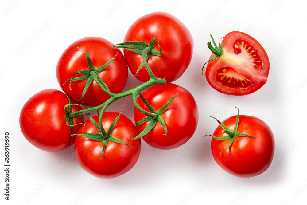 Tomatoes isolated. Tomato branch on white. Top view tomatoes. Tomato set. Tomatoes isolated. Tomato branch on white. Top view tomatoes. Tomato set.