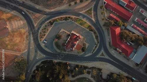 4K aerial drone summer sunset video of Windhoek Christuskirche historical church in city center in Namibia's capital in central highland Khomas Highland of Namibia, southern Africa