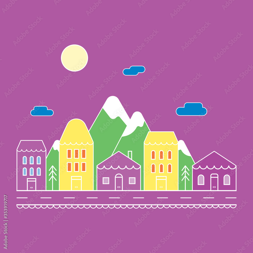 Children's illustration. Image of a toy city. Colorful houses.