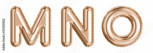 Gold foil balloon alphabet set letter M, N, O realistic 3d illustration metallic pink gold air balloon. Collection of balloon alphabet ready to use in headlines, greeting, celebration vector eps
