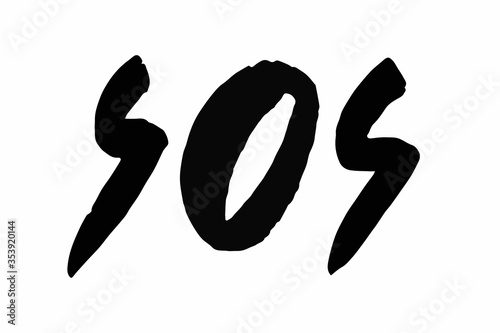 Vector SOS lettering text concept on white background. Save our souls. SOS distress signal. Hand writing brush illustration. Help request word