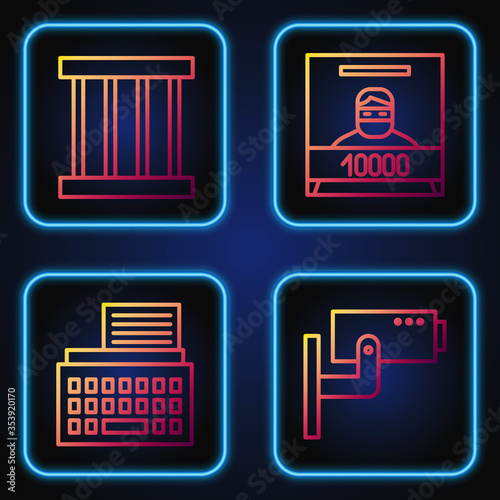 Set line Security camera, Retro typewriter, Prison window and Wanted poster. Gradient color icons. Vector.