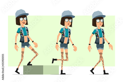 Cartoon flat funny hipster girl character in trucker cap, glasses and jeans shorts. Ready for animation. Successful tired girl walking to her goal. Isolated on olive background. Vector set.