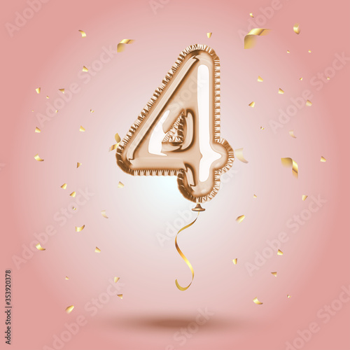 Elegant Pink Greeting celebration four years birthday Anniversary number 4 foil gold balloon. Happy birthday, congratulations poster. Golden numbers with sparkling golden confetti. Vector