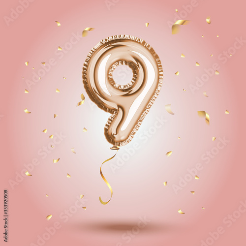 Elegant Pink Greeting celebration nine years birthday Anniversary number 9 foil gold balloon. Happy birthday, congratulations poster. Golden numbers with sparkling golden confetti. Vector
