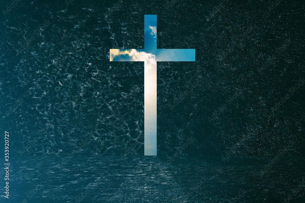 Christ Cross Door in Grunge Concrete Room with Blue Sky Background.