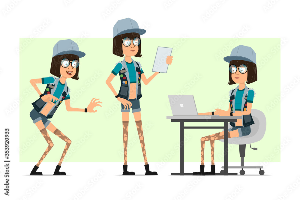 Cartoon flat funny hipster girl character in trucker cap, glasses and jeans shorts. Ready for animation. Girl sneaking, reading note and working on laptop. Isolated on olive background. Vector set. Cartoon flat funny hipster girl character in trucker cap, glasses and jeans shorts. Ready for animation. Girl sneaking, reading note and working on laptop. Isolated on olive background. Vector set.