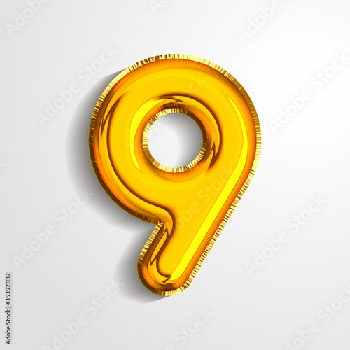 Gold metallic helium alphabet balloon foil number 9 nine realistic 3d render air balloon. Collection of golden balloon number set Vector illustration.