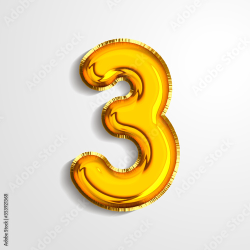 Gold metallic helium alphabet balloon foil number 3 three realistic 3d render air balloon. Collection of golden balloon number set Vector illustration.