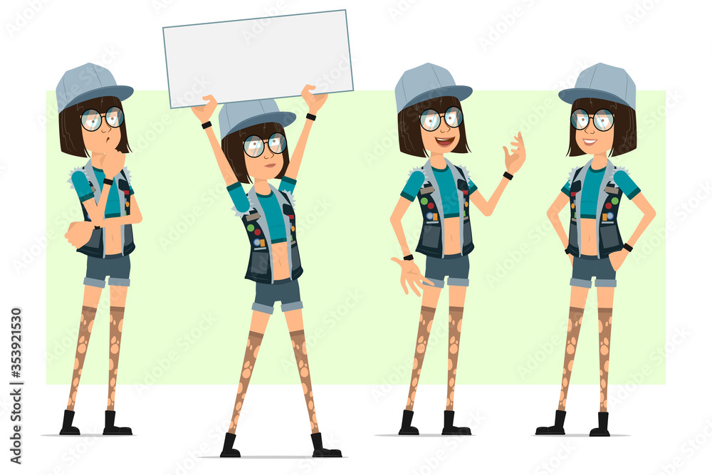 Cartoon flat hipster girl character in trucker cap, glasses and jeans shorts. Ready for animation. Girl standing, thinking and holding blank sign for text. Isolated on olive background. Vector set. Cartoon flat hipster girl character in trucker cap, glasses and jeans shorts. Ready for animation. Girl standing, thinking and holding blank sign for text. Isolated on olive background. Vector set.