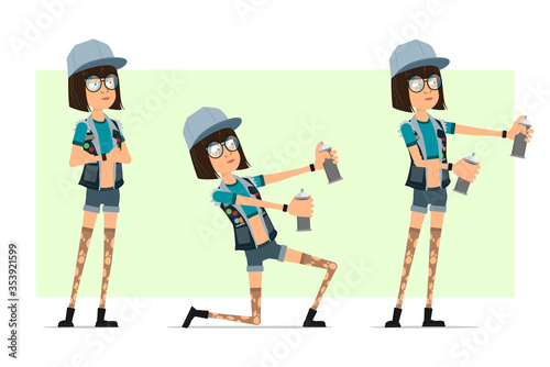 Cartoon flat funny hipster girl character in trucker cap, glasses and jeans shorts. Ready for animation. Girl standing and working with spray paint can. Isolated on olive background. Vector set.