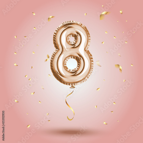 Elegant Pink Greeting celebration eight years birthday Anniversary number 8 foil gold balloon. Happy birthday, congratulations poster. Golden numbers with sparkling golden confetti. Vector