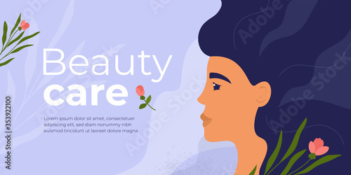 Layout design template for beauty care salon, clinic, cosmetic. Profile of pretty woman with long hair. Banner with female face, flowers and botanical background. Skin care trendy vector illustration