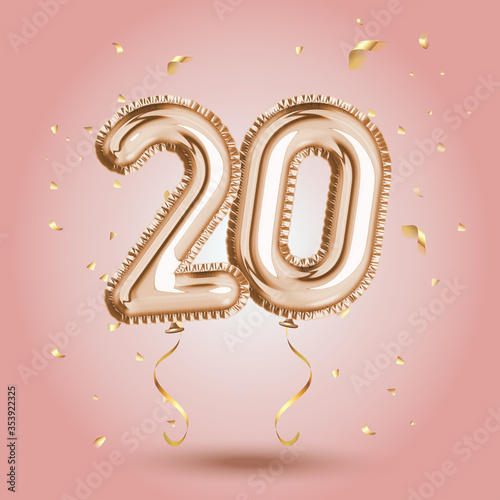 Elegant Pink Greeting celebration twenty years birthday Anniversary number 20 foil gold balloon. Happy birthday, congratulations poster. Golden numbers with sparkling golden confetti