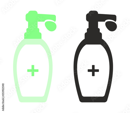 Outline hand sanitizer pump color bottle, washing gel.Alcohol rub sanitizers kill most bacteria, fungi and stop some viruses such as corona virus. Hygiene product. Sanitizer complete bottle