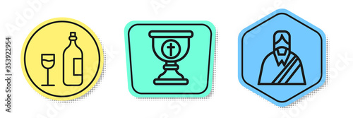 Set line Wine bottle with glass, Christian chalice and Jesus Christ. Colored shapes. Vector.