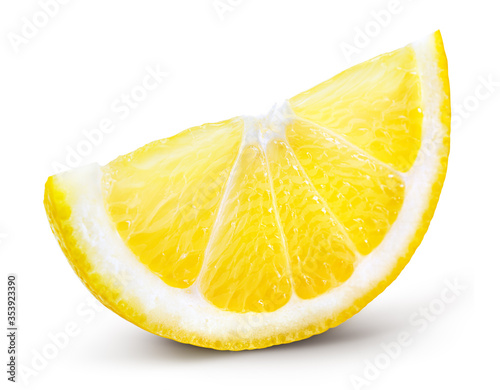 Lemon slice isolate. Cut lemon slice side view. Lemon slice with zest isolated. With clipping path.