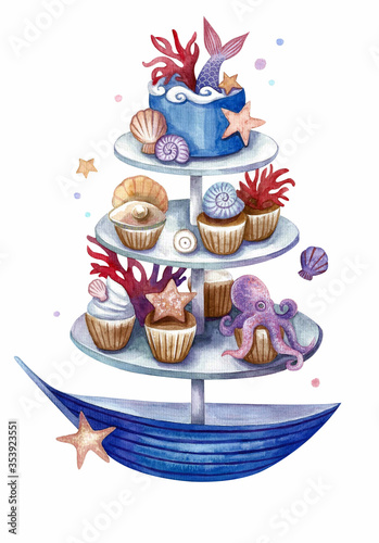 Watercolor illustration " Sea cupcakes". Sweet illustration on a marine theme on a white background. Cupcakes, cakes, cookies, chocolate, cream, tiered dessert.